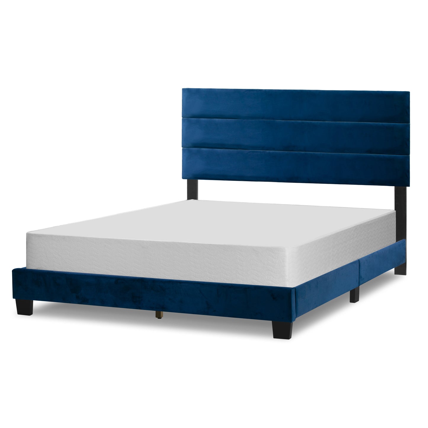 Aris Navy Blue Velvet King Bed with Line Stitching Tufting