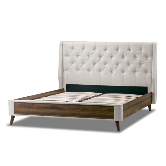 Arlo Beige Fabric Twin Bed with Wings and Button Tufting