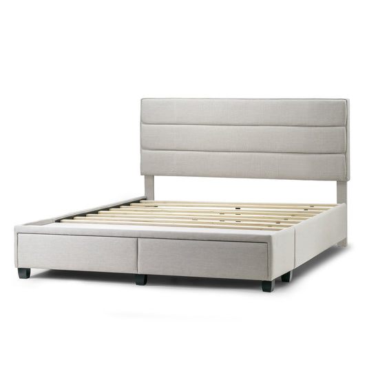Arnia Beige Fabric King Bed Captain’s Bed with Two Storage Drawers