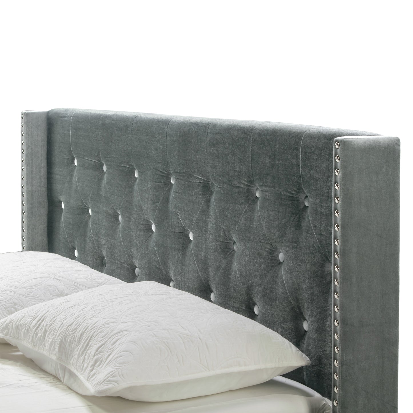 Asali Silver Gray Velvet King Bed with Button Tufting and Nail Headed Wings