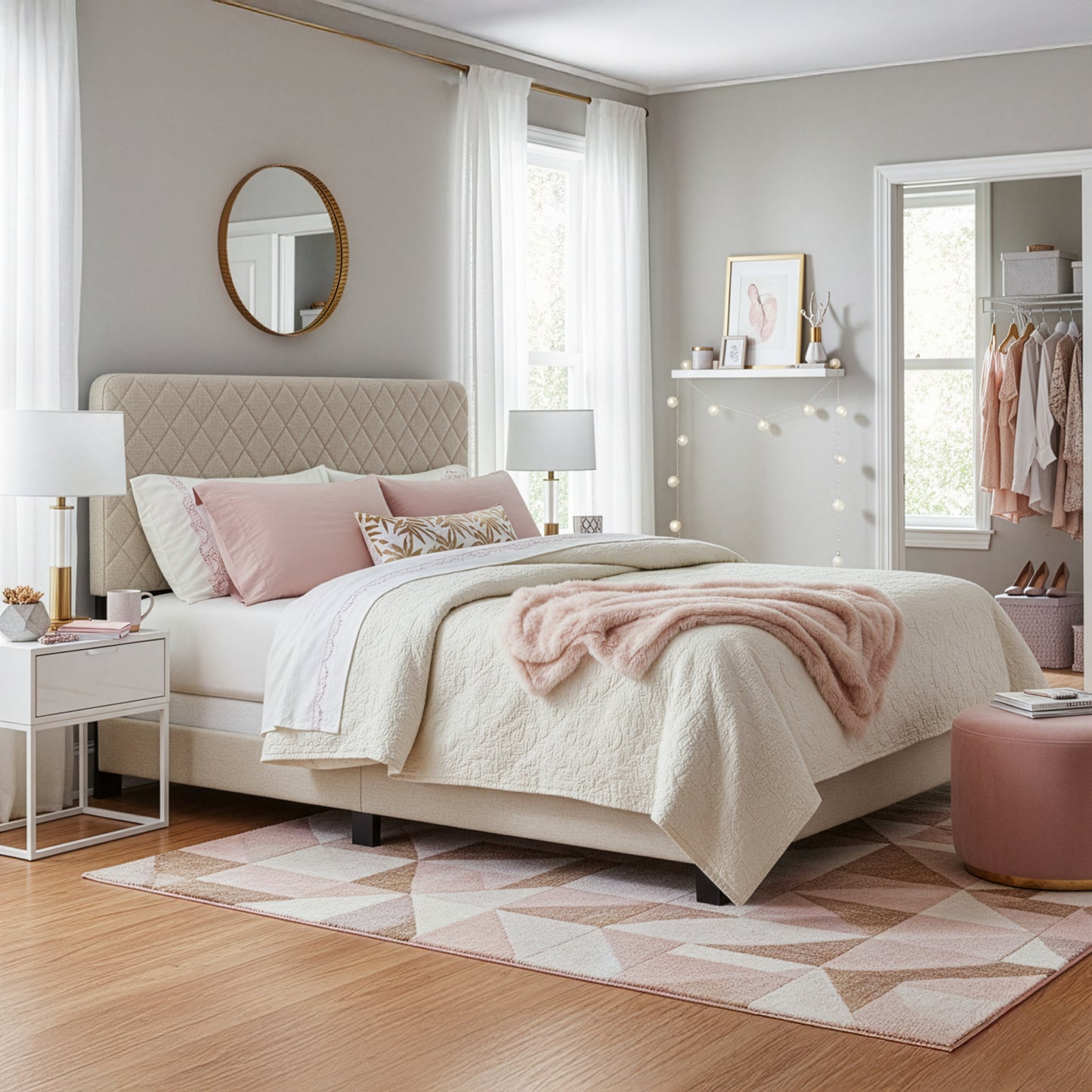 Aurum Beige Fabric Queen Bed with Decorative Stitching