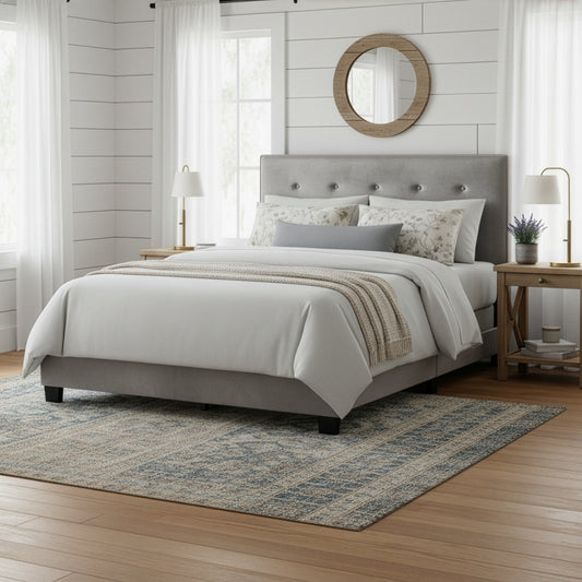 Auryon Silver Gray Velvety Fabric Queen Bed with Button Tufting