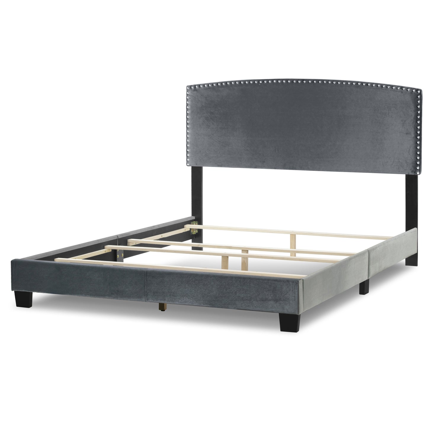 Ausca Silver Gray Velvety Fabric Queen Bed with Nail Head Trim