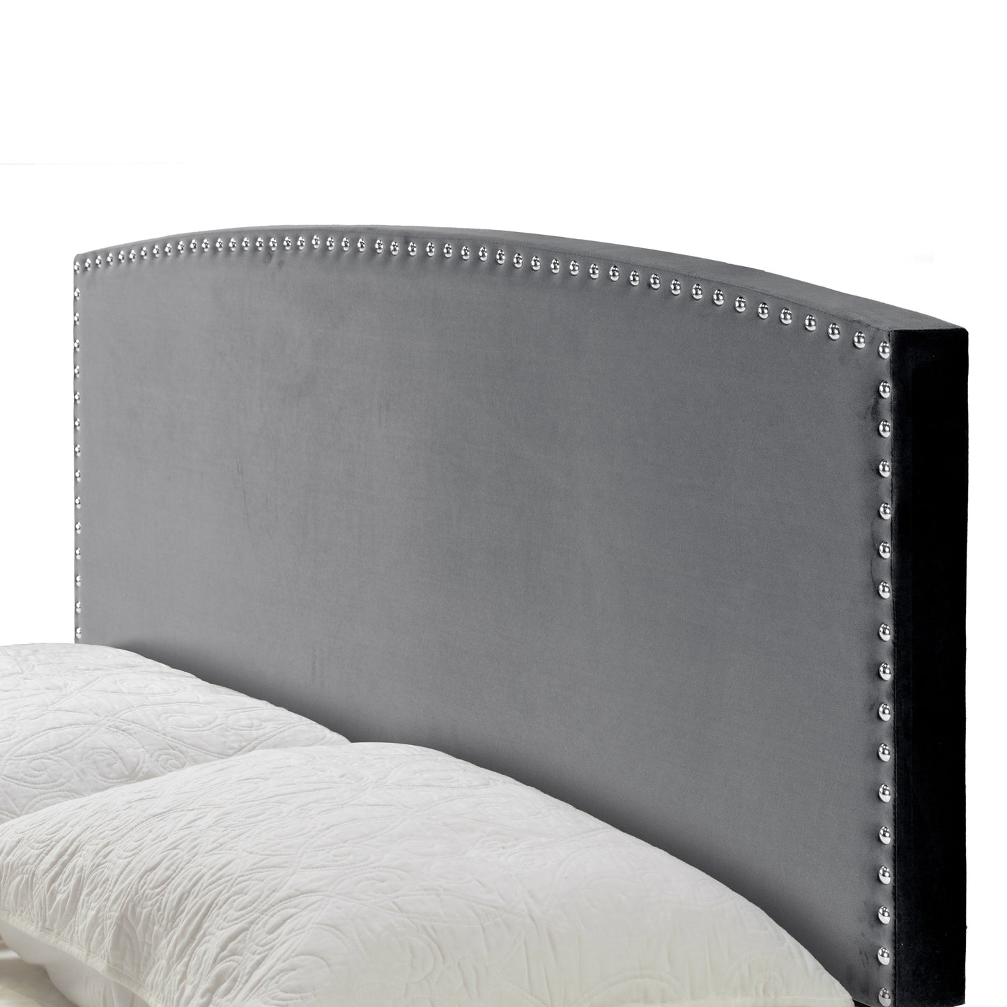 Ausca Silver Gray Velvety Fabric Queen Bed with Nail Head Trim