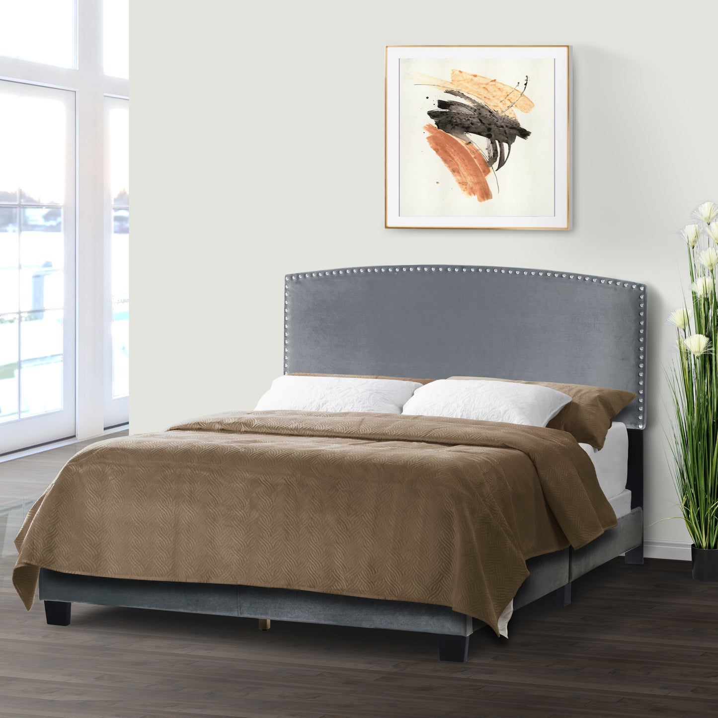 Ausca Silver Gray Velvety Fabric Queen Bed with Nail Head Trim
