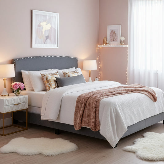 Ausca Silver Gray Velvety Fabric Queen Bed with Nail Head Trim