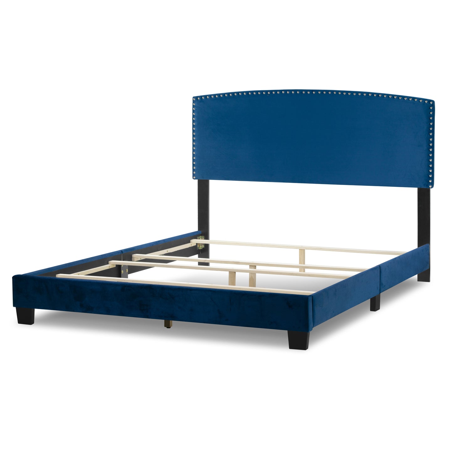 Ausca Navy Blue Velvety Fabric Queen Bed with Nail Head Trim