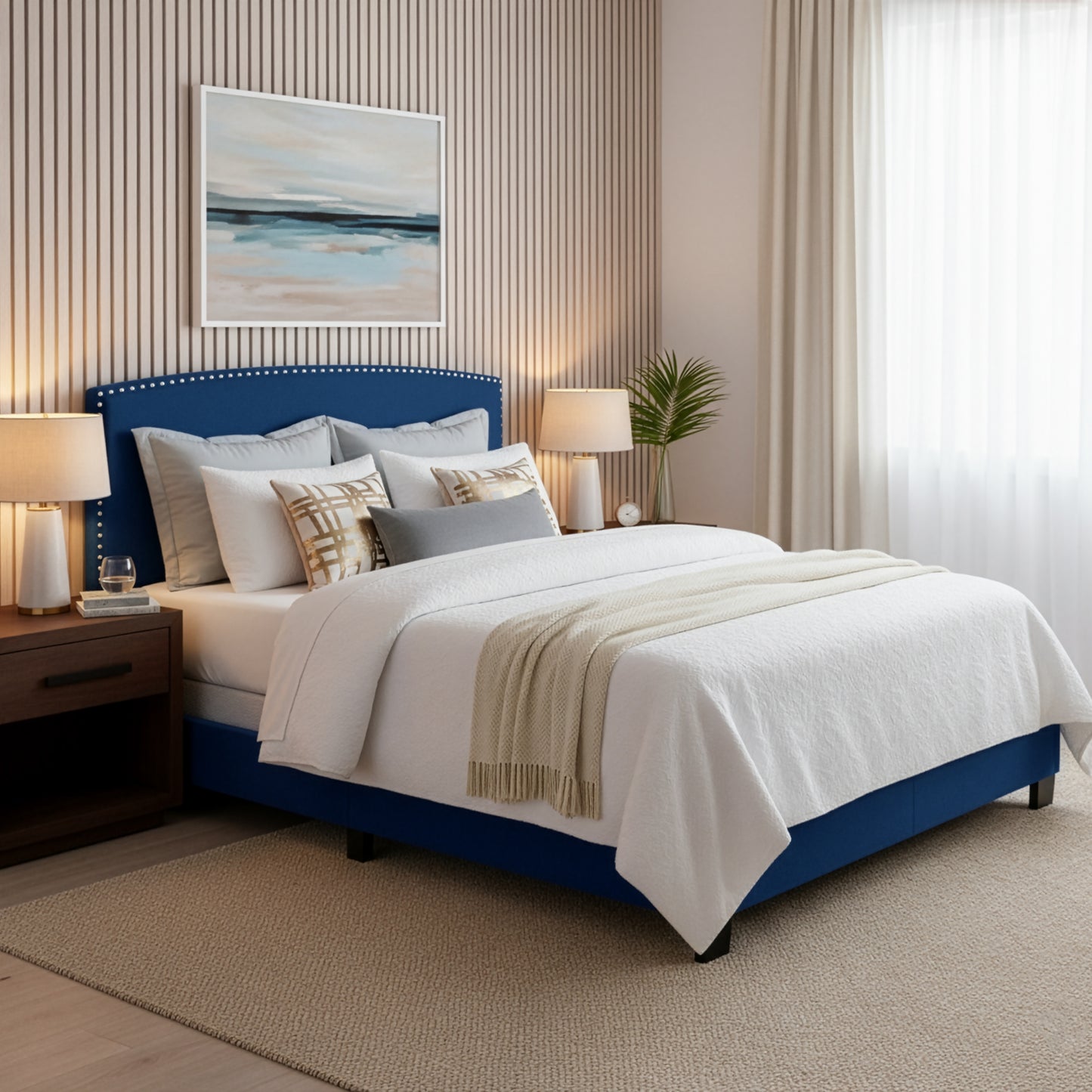 Ausca Navy Blue Velvety Fabric Queen Bed with Nail Head Trim