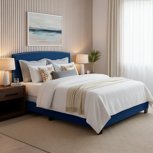 Ausca Navy Blue Velvety Fabric Queen Bed with Nail Head Trim