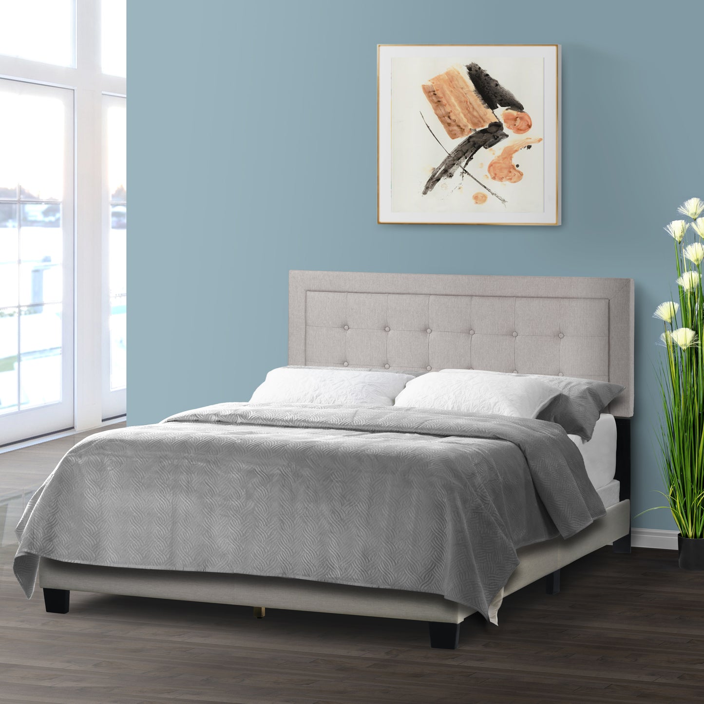 Austin Beige Fabric Queen Bed with Button Tufting and Stitching