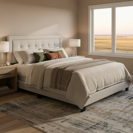 Austin Beige Fabric Queen Bed with Button Tufting and Stitching