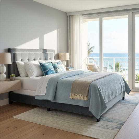 Austin Silver Gray Velvety Fabric Queen Bed with Button Tufting and Stitching