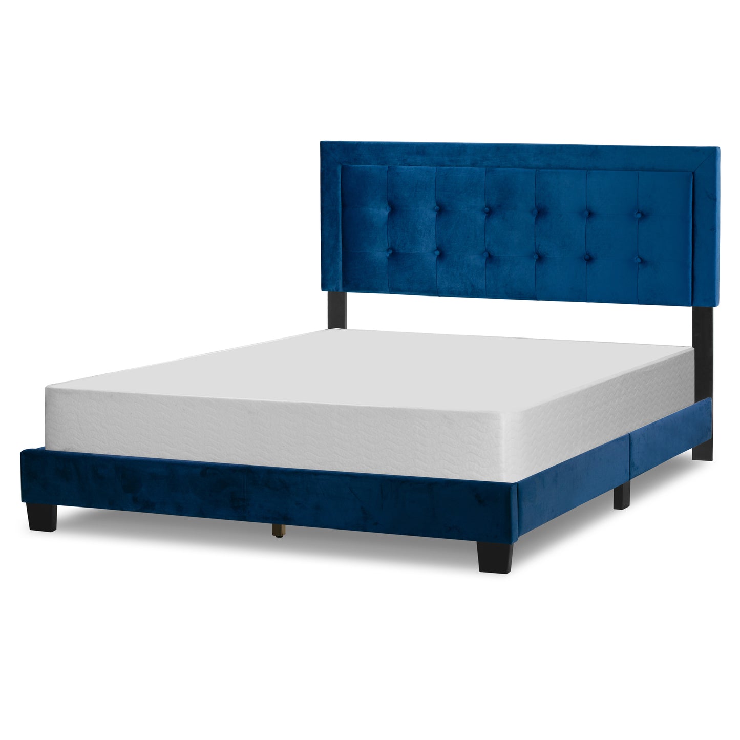 Austin Navy Blue Velvety Fabric Queen Bed with Button Tufting and Stitching