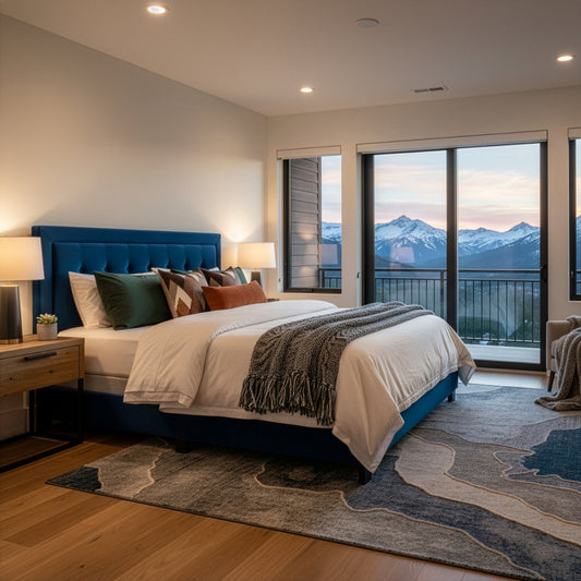 Austin Navy Blue Velvety Fabric Queen Bed with Button Tufting and Stitching