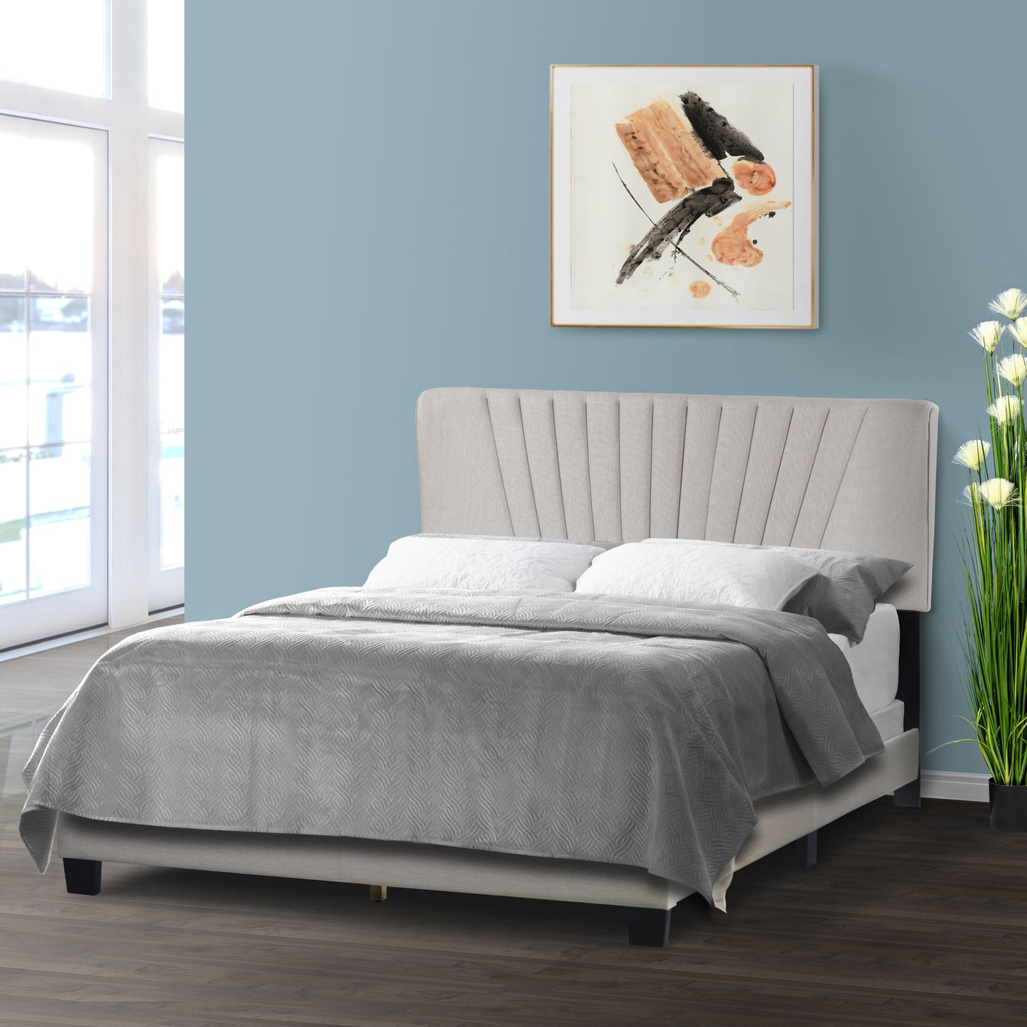Autumn Beige Fabric Queen Bed with Decorative Stitching