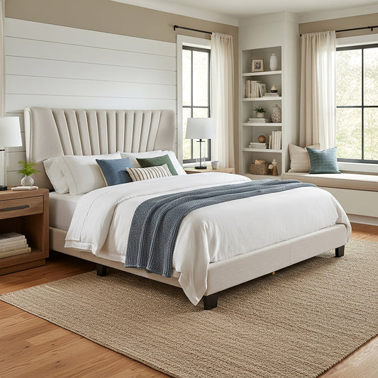 Autumn Beige Fabric Queen Bed with Decorative Stitching