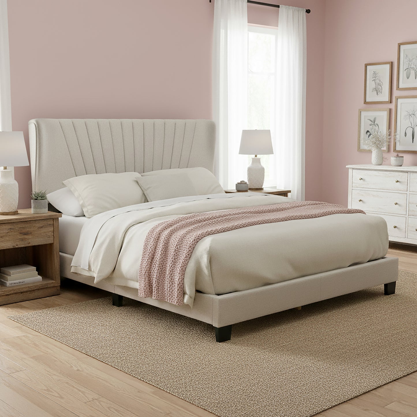 Autumn Beige Fabric Queen Bed with Decorative Stitching