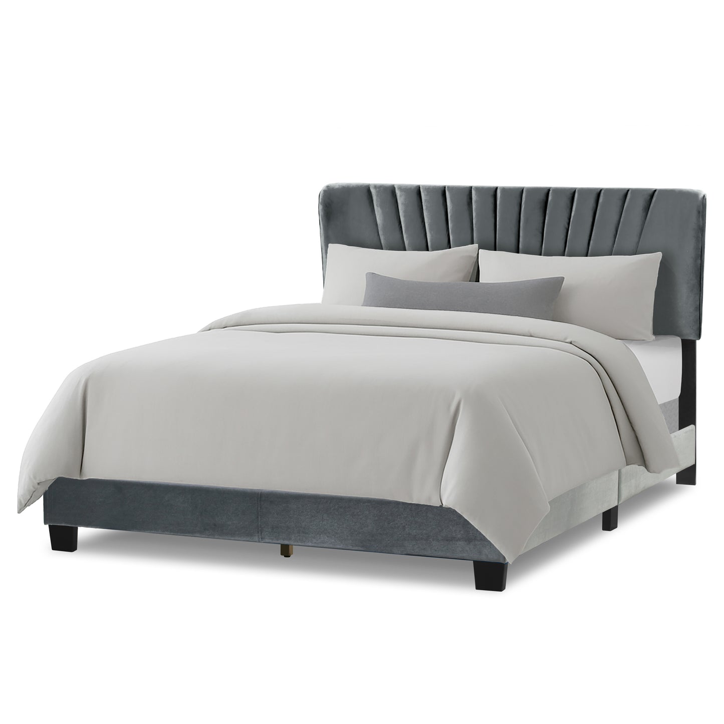 Autumn Silver Gray Velvety Fabric Queen Bed with Decorative Stitching