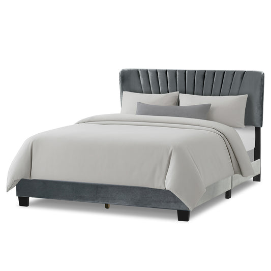 Autumn Silver Gray Velvety Fabric Queen Bed with Decorative Stitching