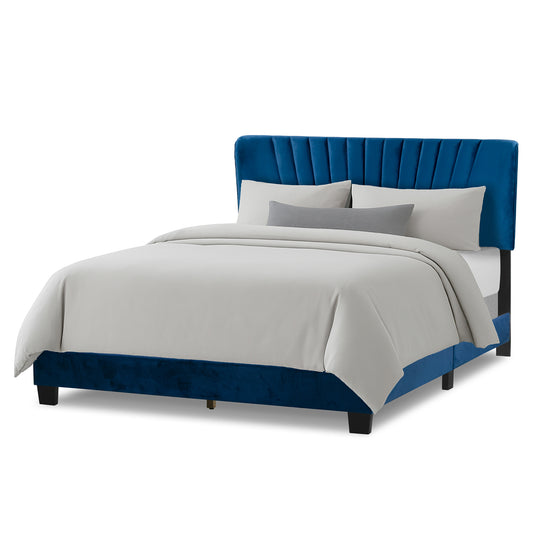 Autumn Navy Blue Velvety Fabric Queen Bed with Decorative Stitching