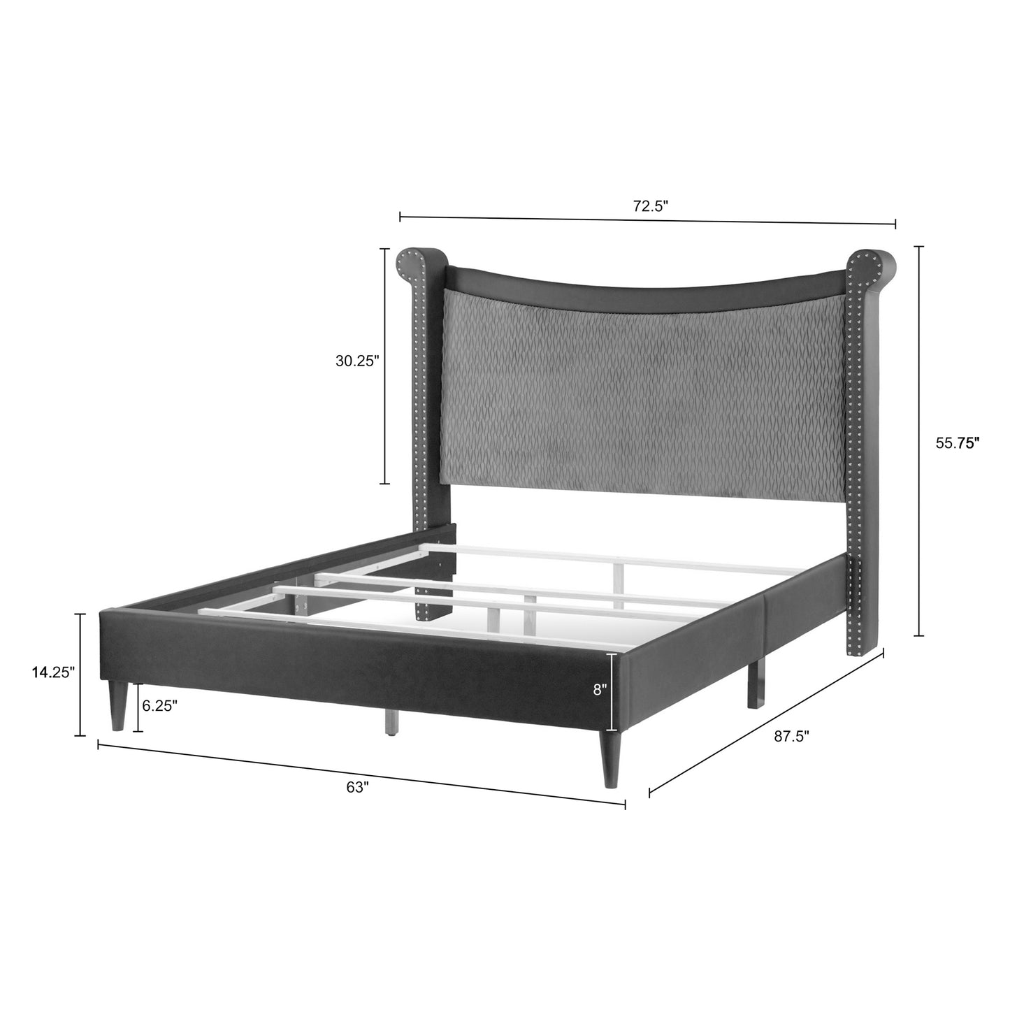 Ava Black Upholstered Queen Bed with Nail Heads