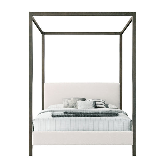 Beecher White Boucle Canopy Queen Bed with Iron Frame