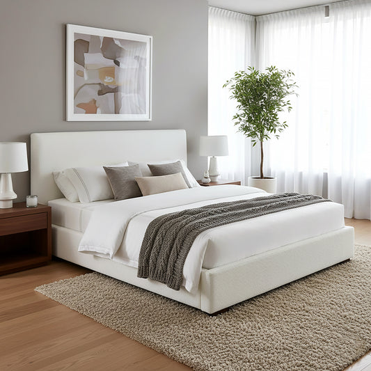 Bedwyr White Boucle Fabric Upholstered King Bed