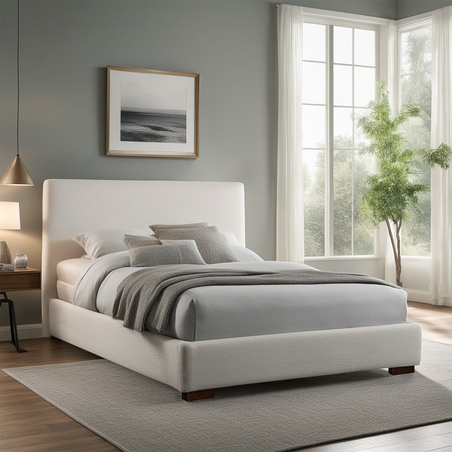 Bedwyr White Boucle Fabric Upholstered King Bed