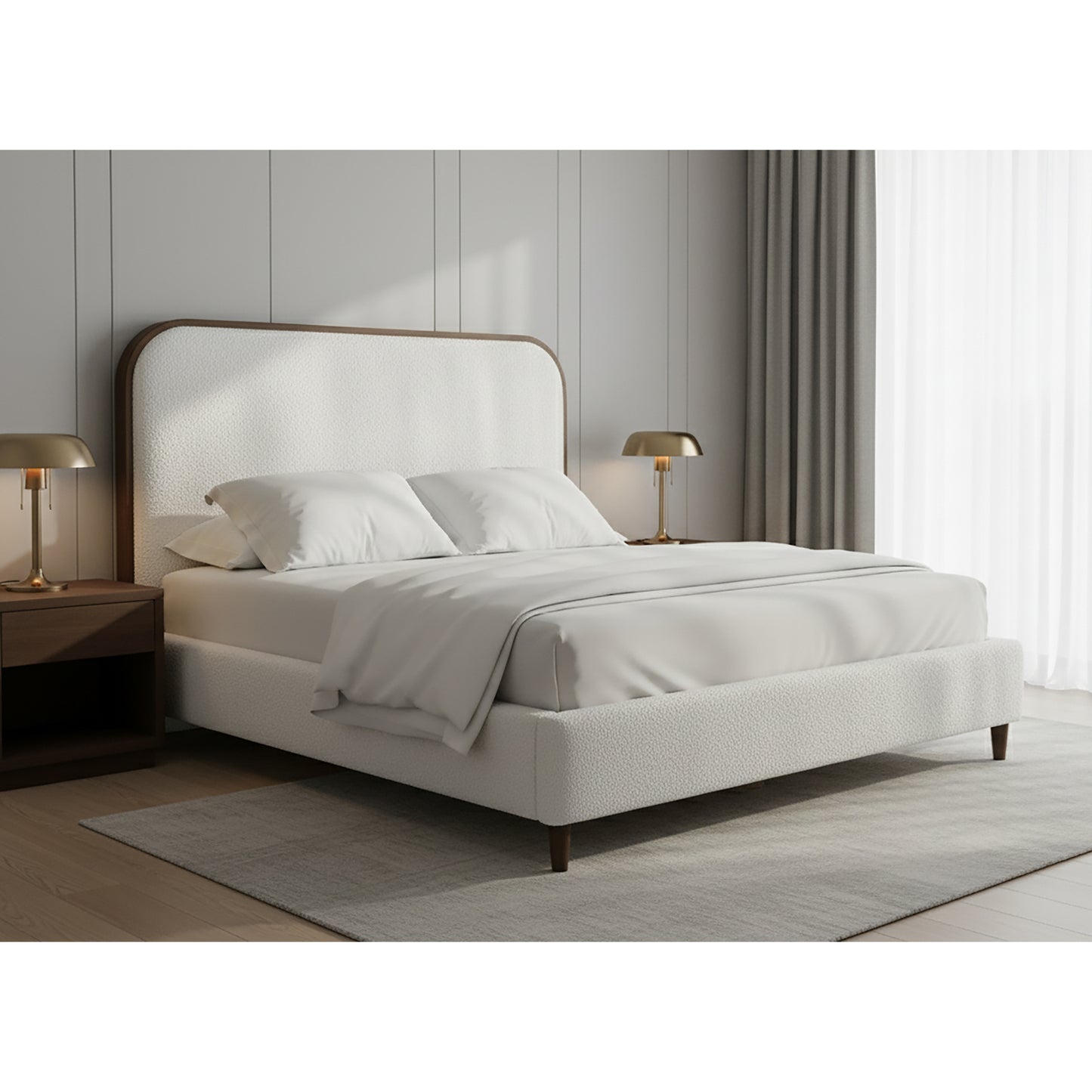 Brenda Fabric Upholstered Queen Bed with Wood Trim Accent