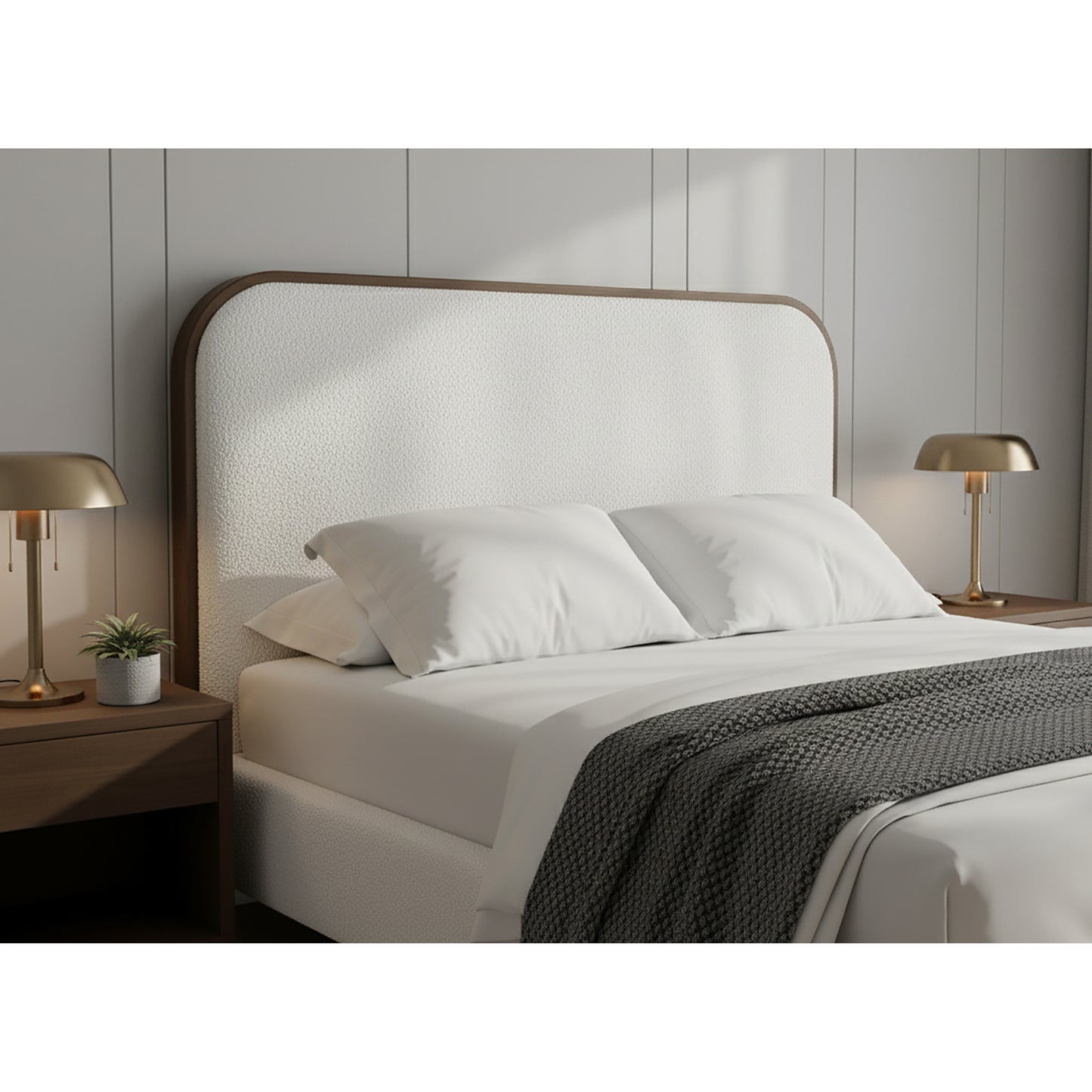 Brenda Fabric Upholstered Queen Bed with Wood Trim Accent
