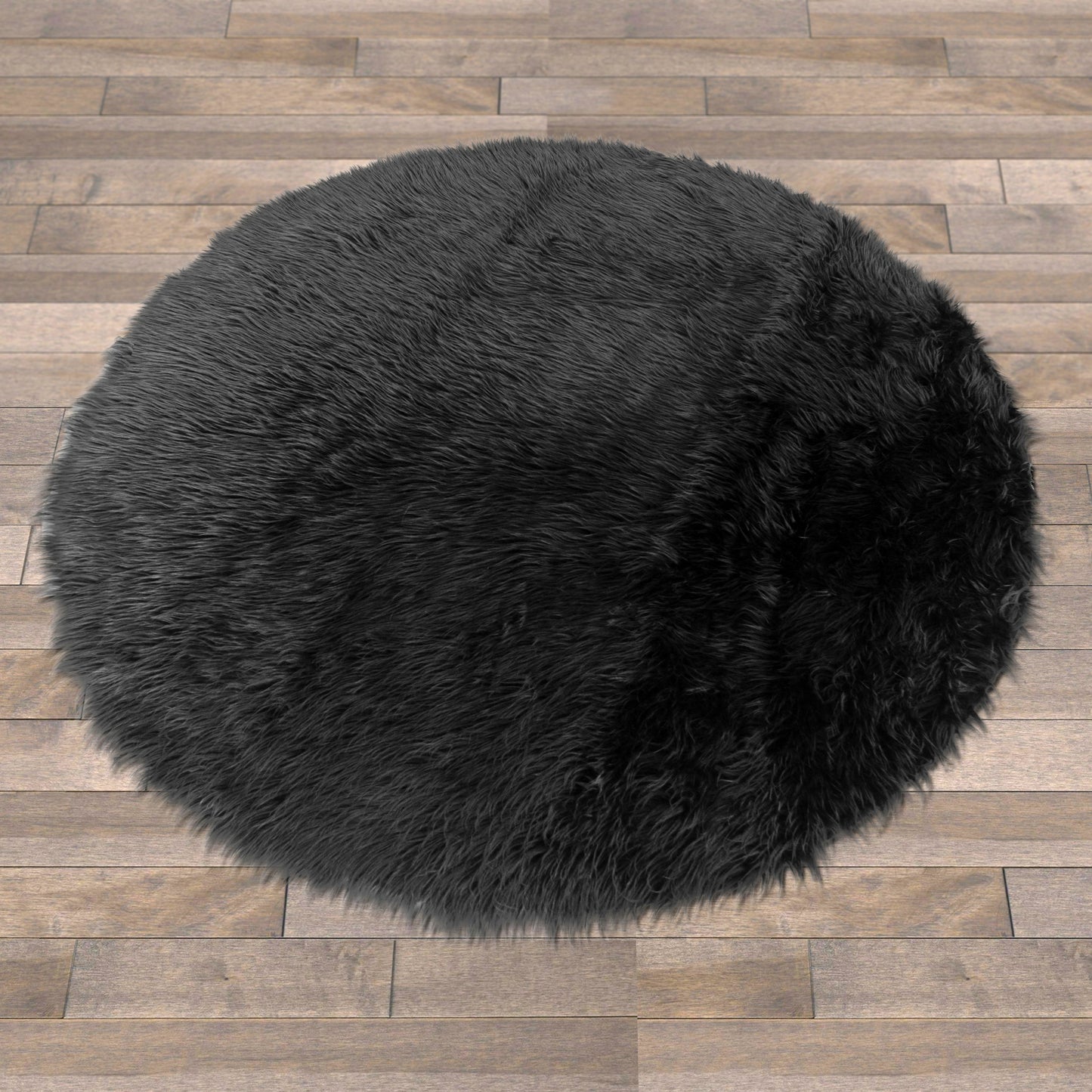 Alair Black Round Faux Fur Area Rug 5 Foot Wide