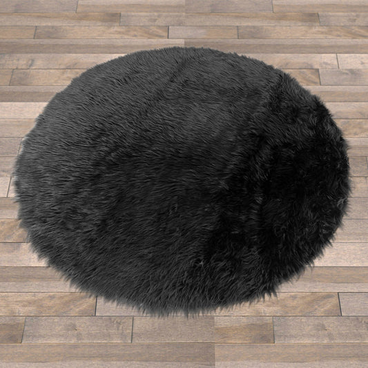 Alair Black Round Faux Fur Area Rug 5 Foot Wide