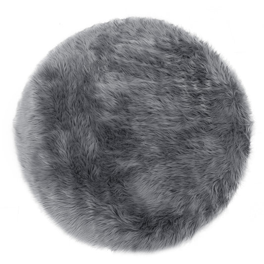 Alair Grey Round Faux Fur Area Rug 5 Foot Wide