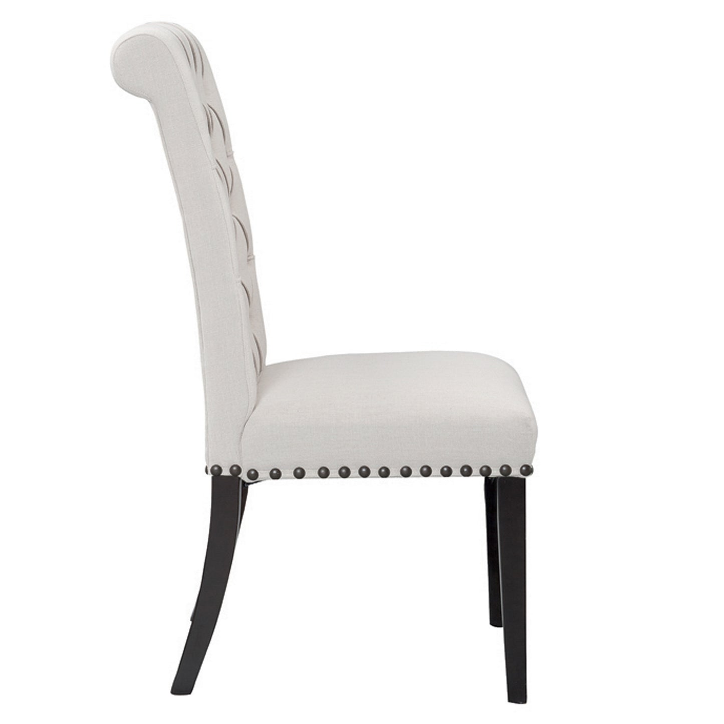 Set of 2 Aleki Beige Fabric Dining Chair Roll Back with Tufted Buttons and Nail Heads