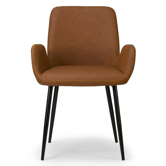 Set of 2 Alrik Caramel Brown Arm Chair with Zigzag Stitching and Black Steel Legs