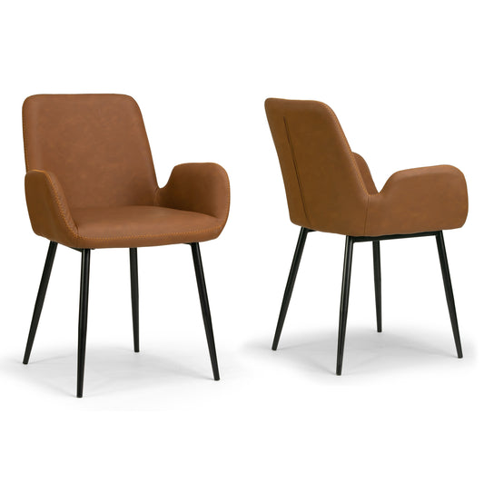 Set of 2 Alrik Caramel Brown Arm Chair with Zigzag Stitching and Black Steel Legs