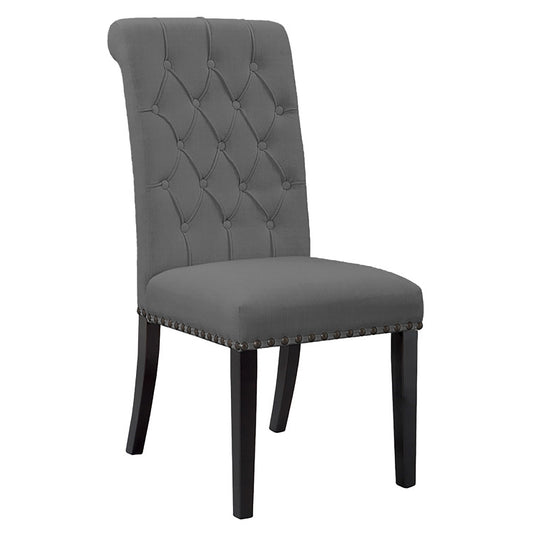 Set of 2 Aleki Grey Fabric Dining Chair Roll Back with Tufted Buttons and Nail Heads