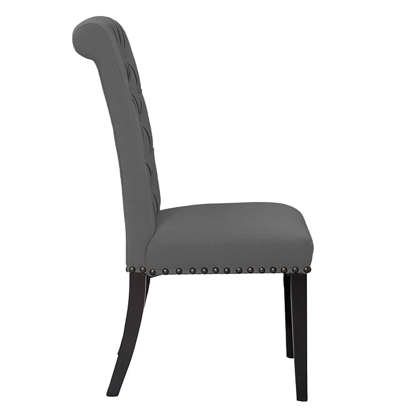Set of 2 Aleki Grey Fabric Dining Chair Roll Back with Tufted Buttons and Nail Heads