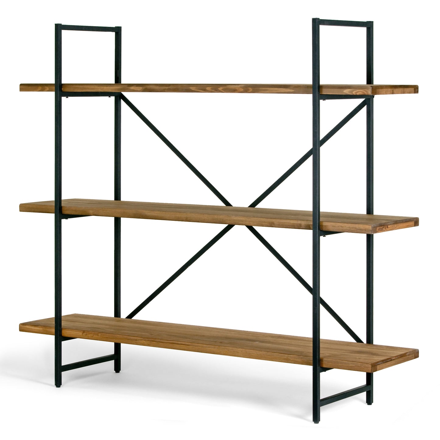 Ailis 56" Brown Pine Wood Metal Frame Etagere Three Wide Shelf Bookcase Media Center