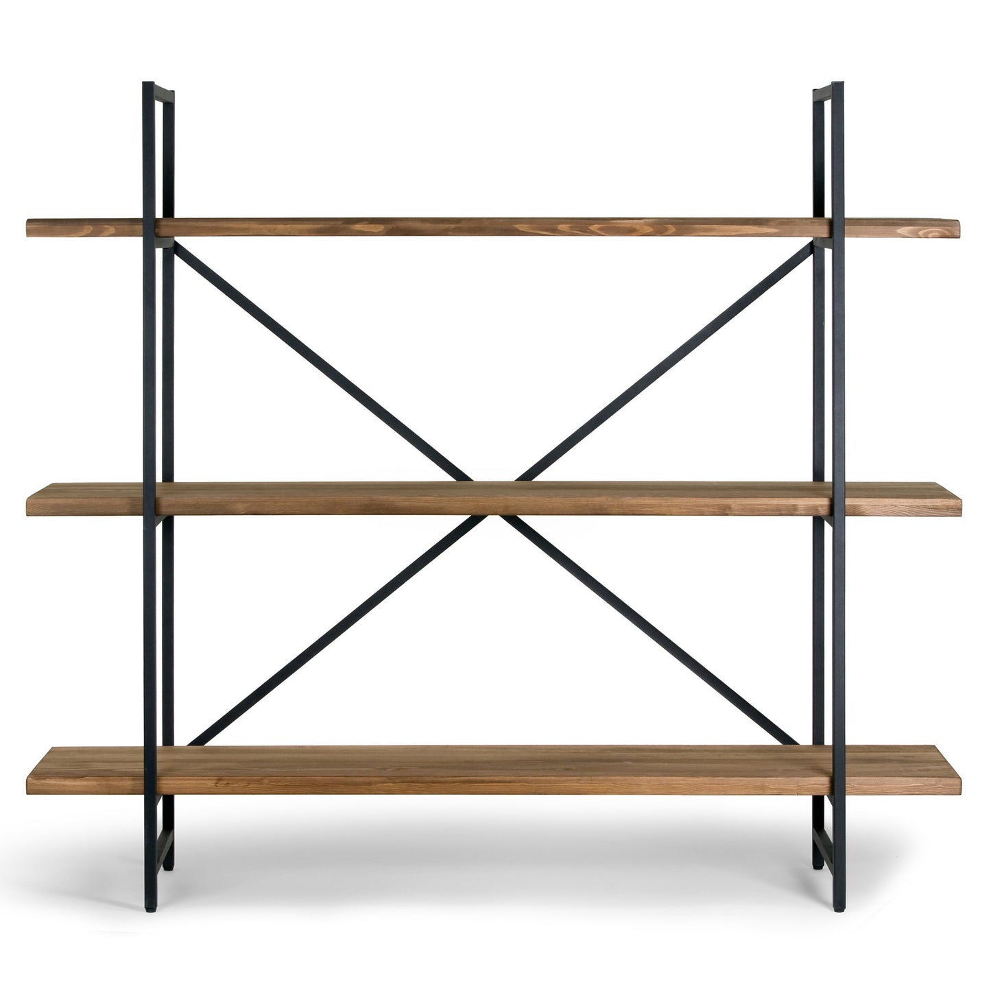 Ailis 56" Brown Pine Wood Metal Frame Etagere Three Wide Shelf Bookcase Media Center