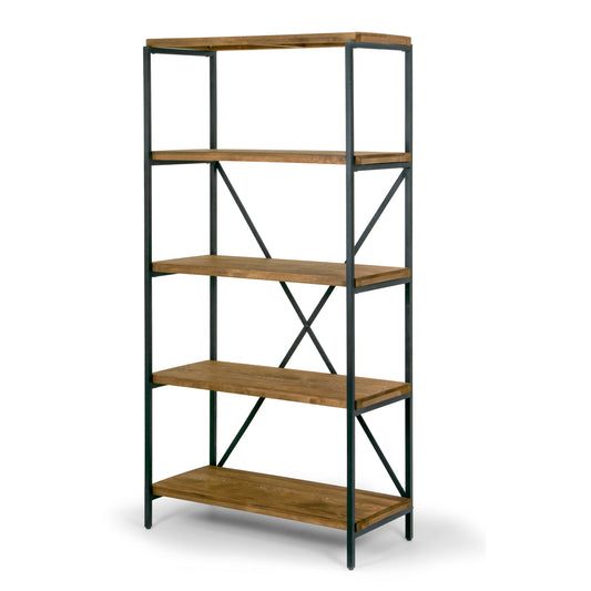 Ailis 67" Brown Pine Wood Shelf Etagere Bookcase Media Center with Metal Frame