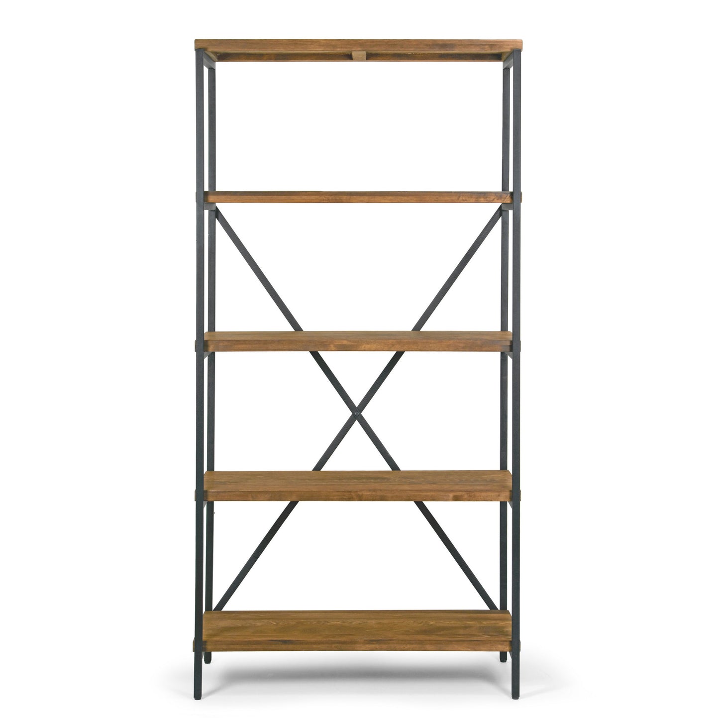 Ailis 67" Brown Pine Wood Shelf Etagere Bookcase Media Center with Metal Frame
