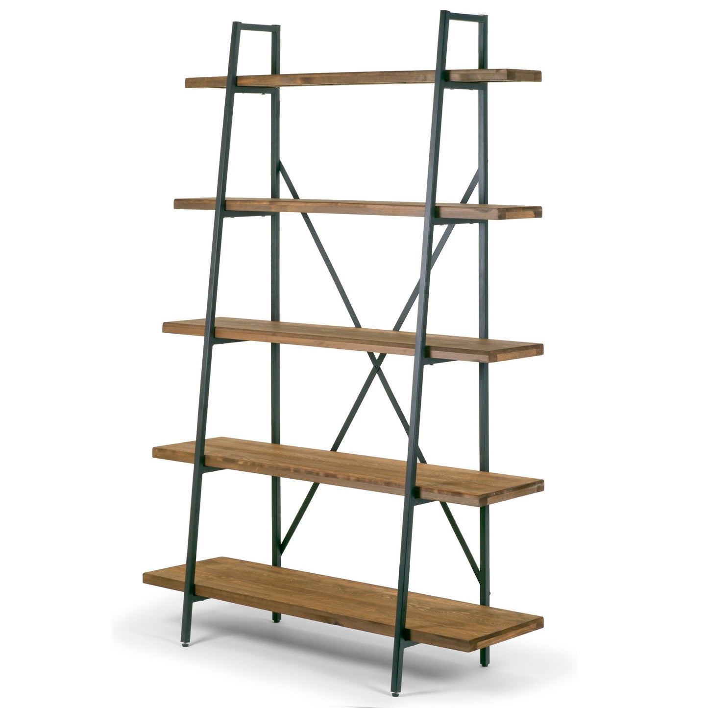 Ailis 71.5" Leaning Etagere Brown Pine Wood Metal Frame Bookcase Five-shelf Media Tower