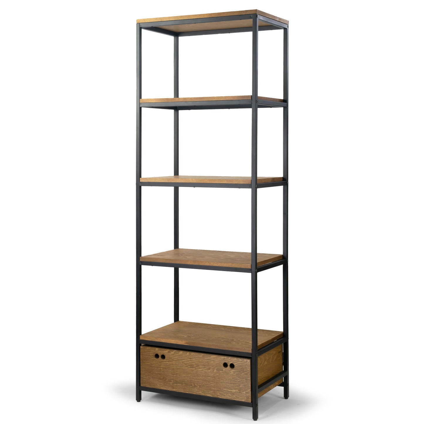Amy Brown Pine Wood Display Shelf Etagere Metal Frame Bookcase with Drawer