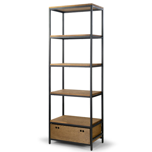 Amy Brown Pine Wood Display Shelf Etagere Metal Frame Bookcase with Drawer