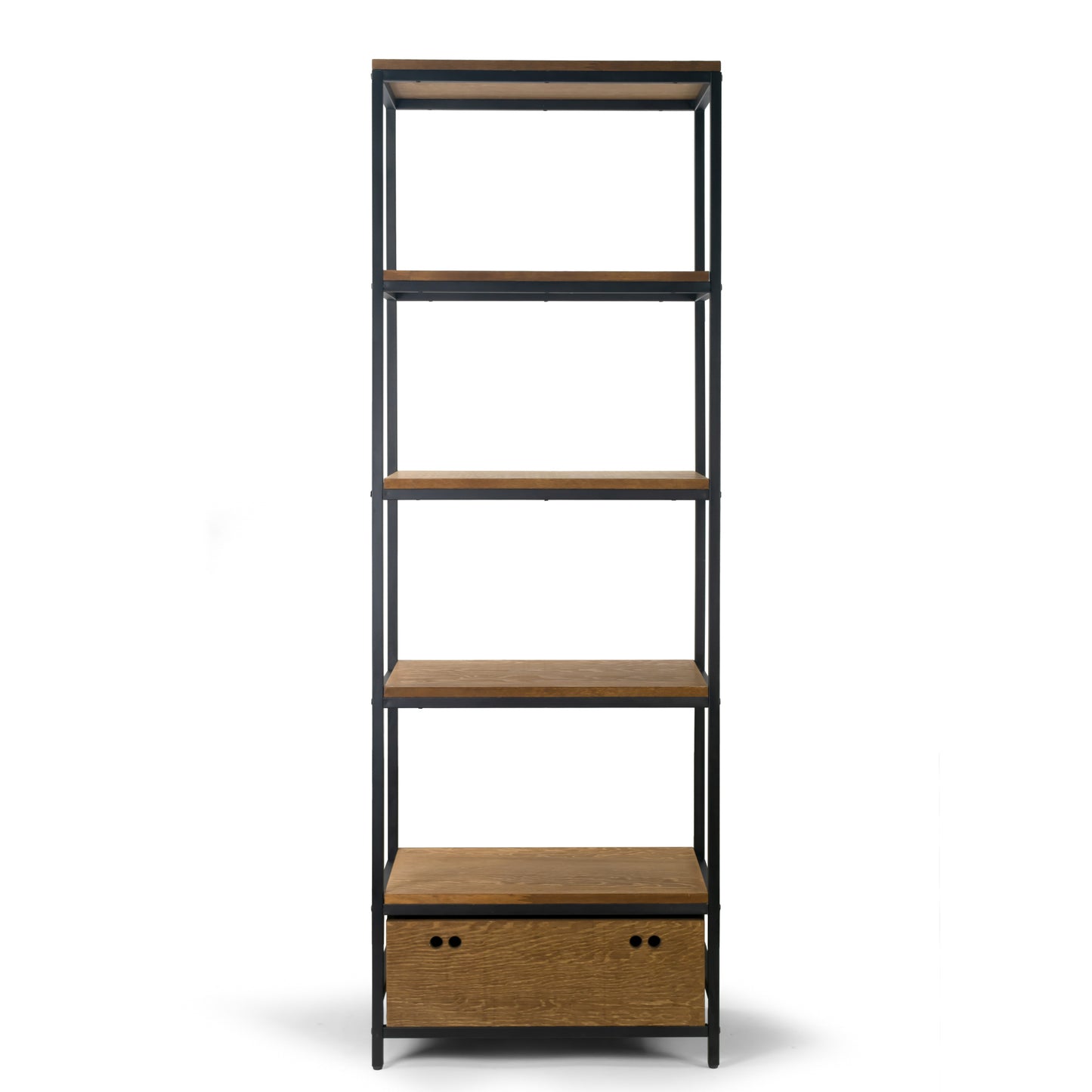 Amy Brown Pine Wood Display Shelf Etagere Metal Frame Bookcase with Drawer