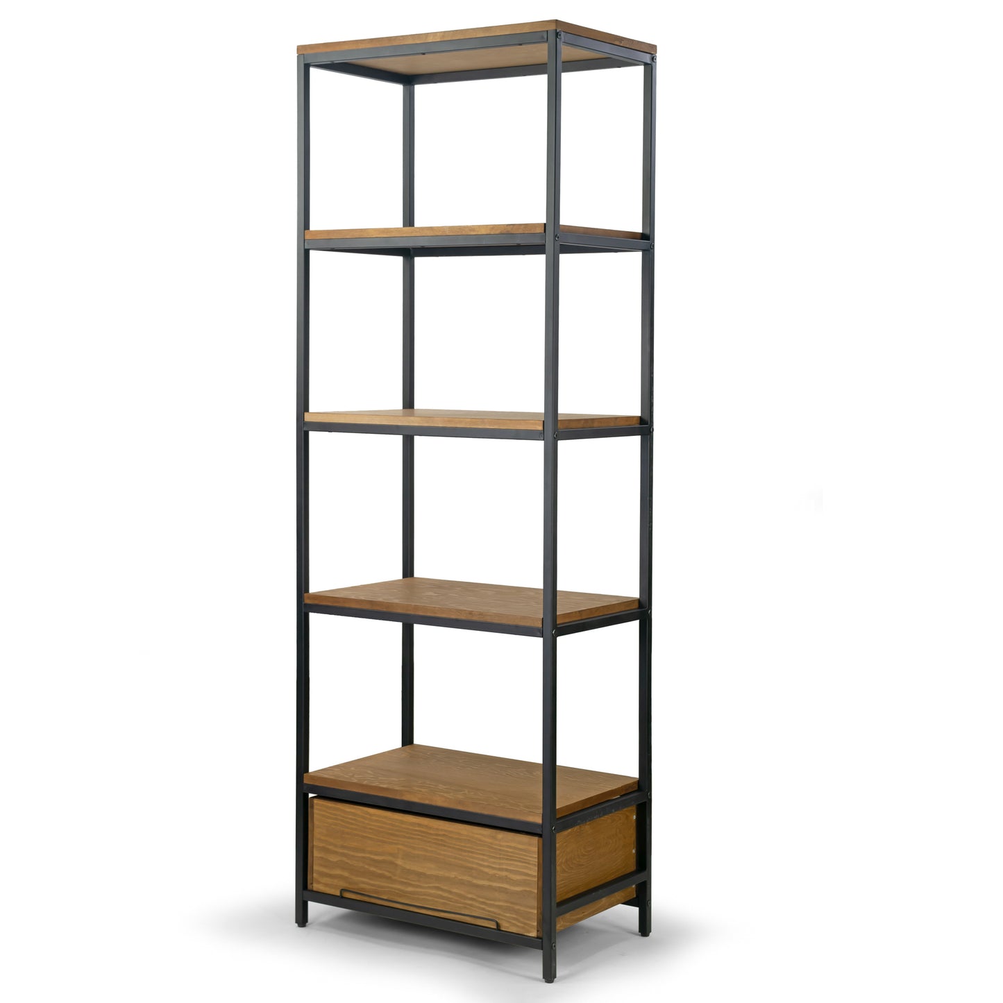Amy Brown Pine Wood Display Shelf Etagere Metal Frame Bookcase with Drawer