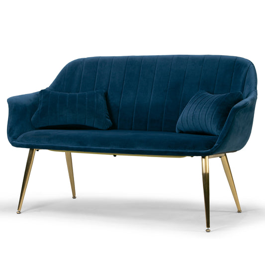 Angela Blue Velvet Loveseat with Golden Metal Legs Stitching Accent