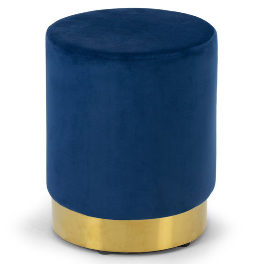 Anna Blue Velvet Round Footstool Ottoman with Golden Accent Base Small Size