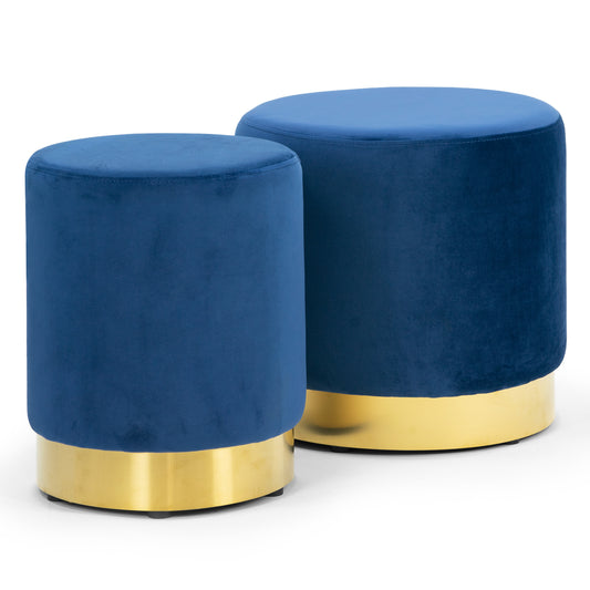 Anna Blue Velvet Round Footstool Ottoman with Golden Accent Base Small-Medium Set